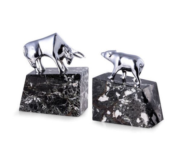 Bear and Bull Silver Chromed Brass marble base Stock Market Gifts